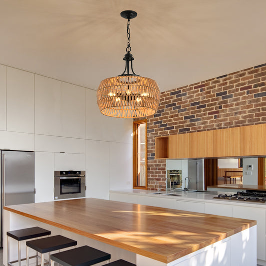 Pendant Light Iron and Rope Black and Wood Boho for Dining Room and Kitchen Island