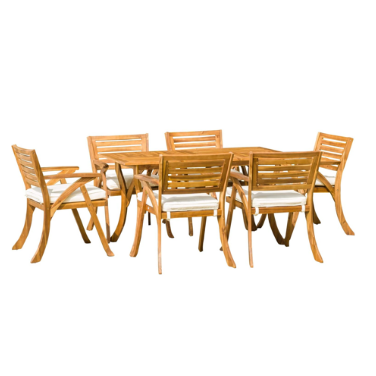 Outdoor Hermosa 7-Piece Wood Dining Set with Cushions, Teak Finish, Acacia Wood, Cream Cushions