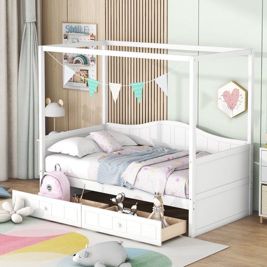Daybed, Twin Size, Solid Wood and MDF with Two Storage Drawers and Canopy Frame for Bedroom or Living Room
