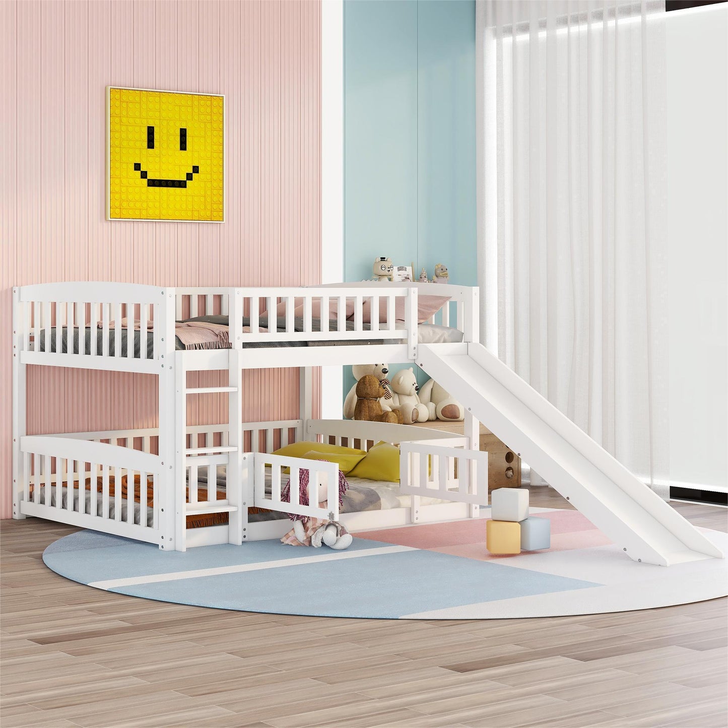 Full Over Full Low Bunk Bed with Slide, Fence and Ladder for Toddler Kids Teens