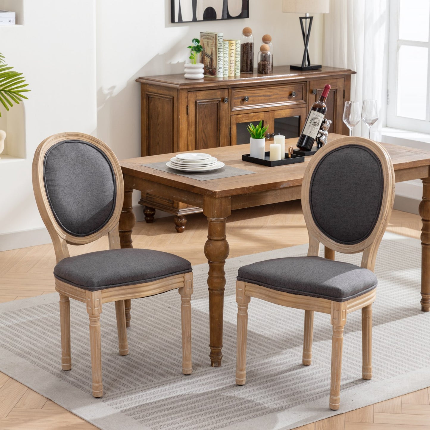 French Style Solid Wood Frame Antique Painting Linen Fabric Back Dining Chair, Set of 2,