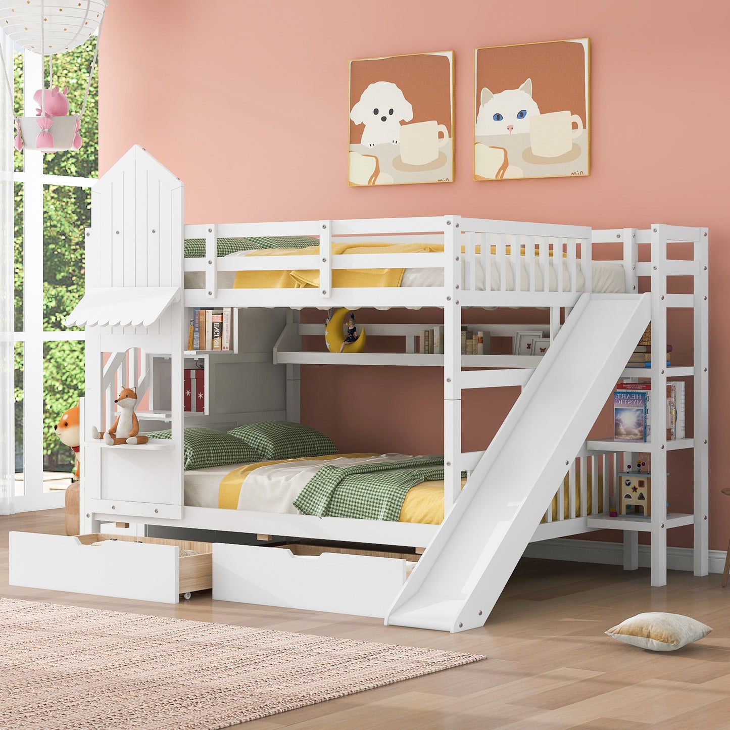 Full-Over-Full Castle Style Bunk Bed with 2 Drawers 3 Shelves