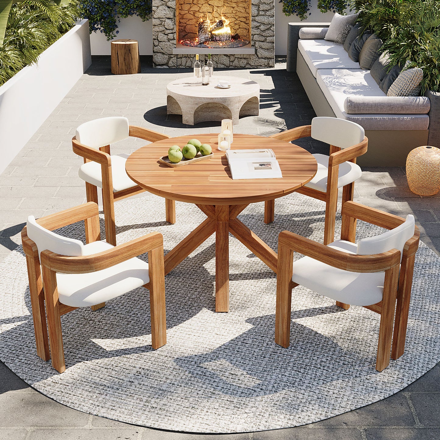 5-Piece Outdoor Acacia Wood Round Dining Set, Solid Wood Patio Table with 4 Barrel Chairs