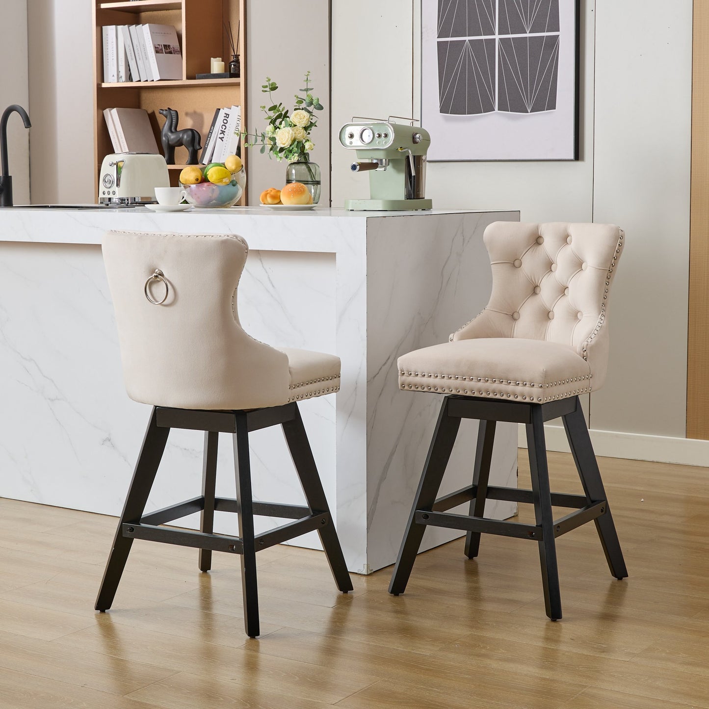 Swivel Velvet Barstools with Button Tufted Decoration, Wooden Legs, and Chrome Nailhead trim