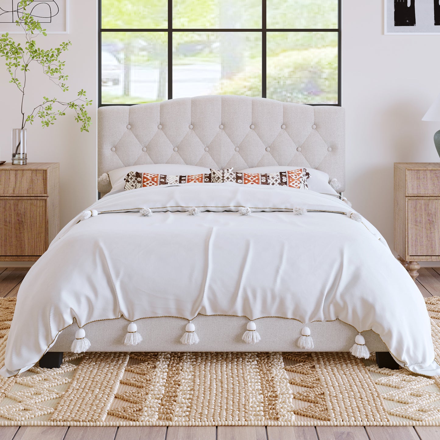 Upholstered Platform Bed with Saddle Curved Adjustable Headboard and Diamond Tufted Details,