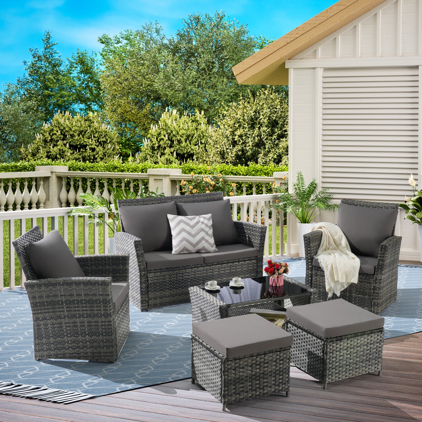 6 Piece Wicker Patio Furniture Set – Outdoor Rattan Sofa Set with Ottoman & Tempered Glass Coffee Table