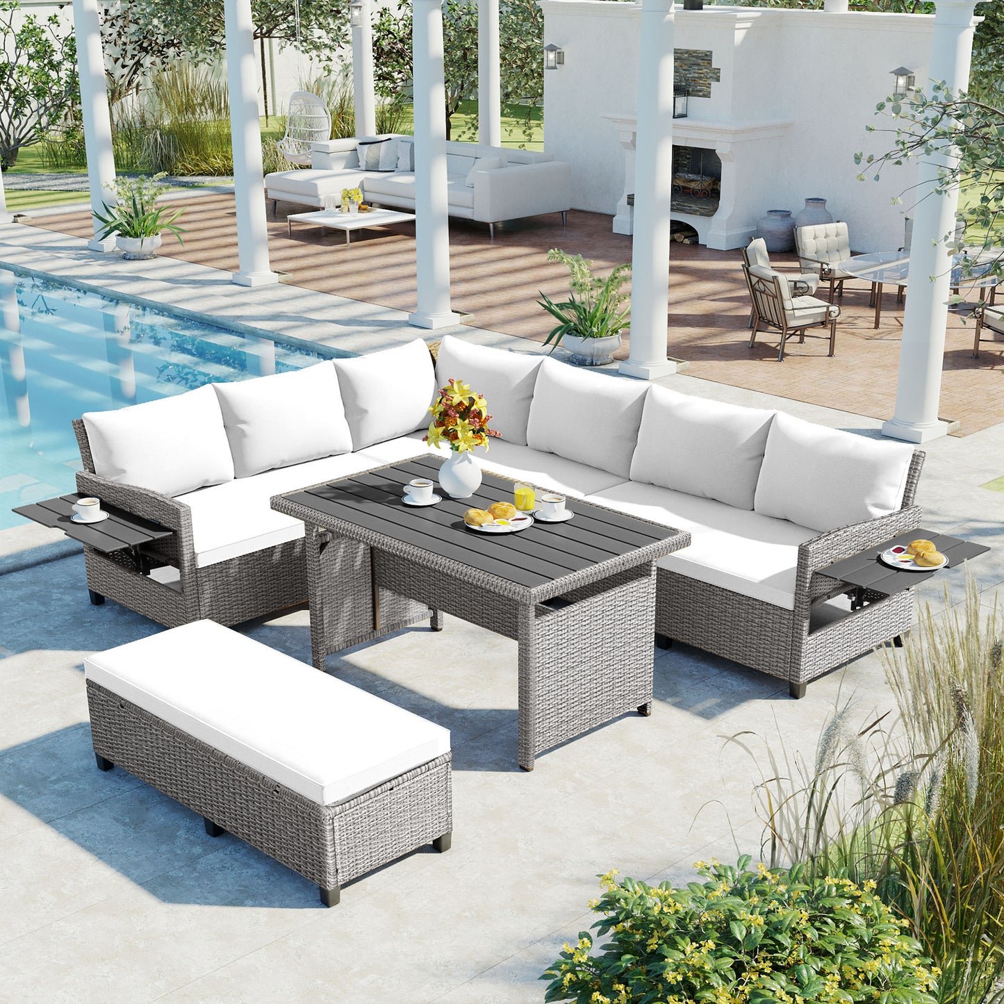 5-Piece Outdoor Patio Rattan Sofa Set, Sectional PE Wicker L-Shaped Garden Furniture Set with 2 Extendable Side Tables,