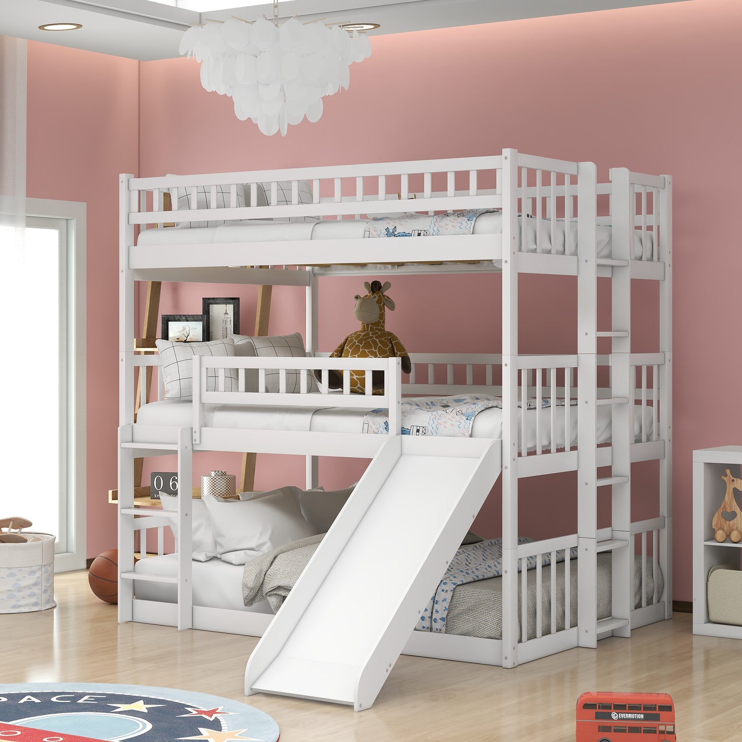 Full-Over-Full-Over-Full Triple Bed with Built-in Ladder and Slide , Triple Bunk Bed with Guardrails