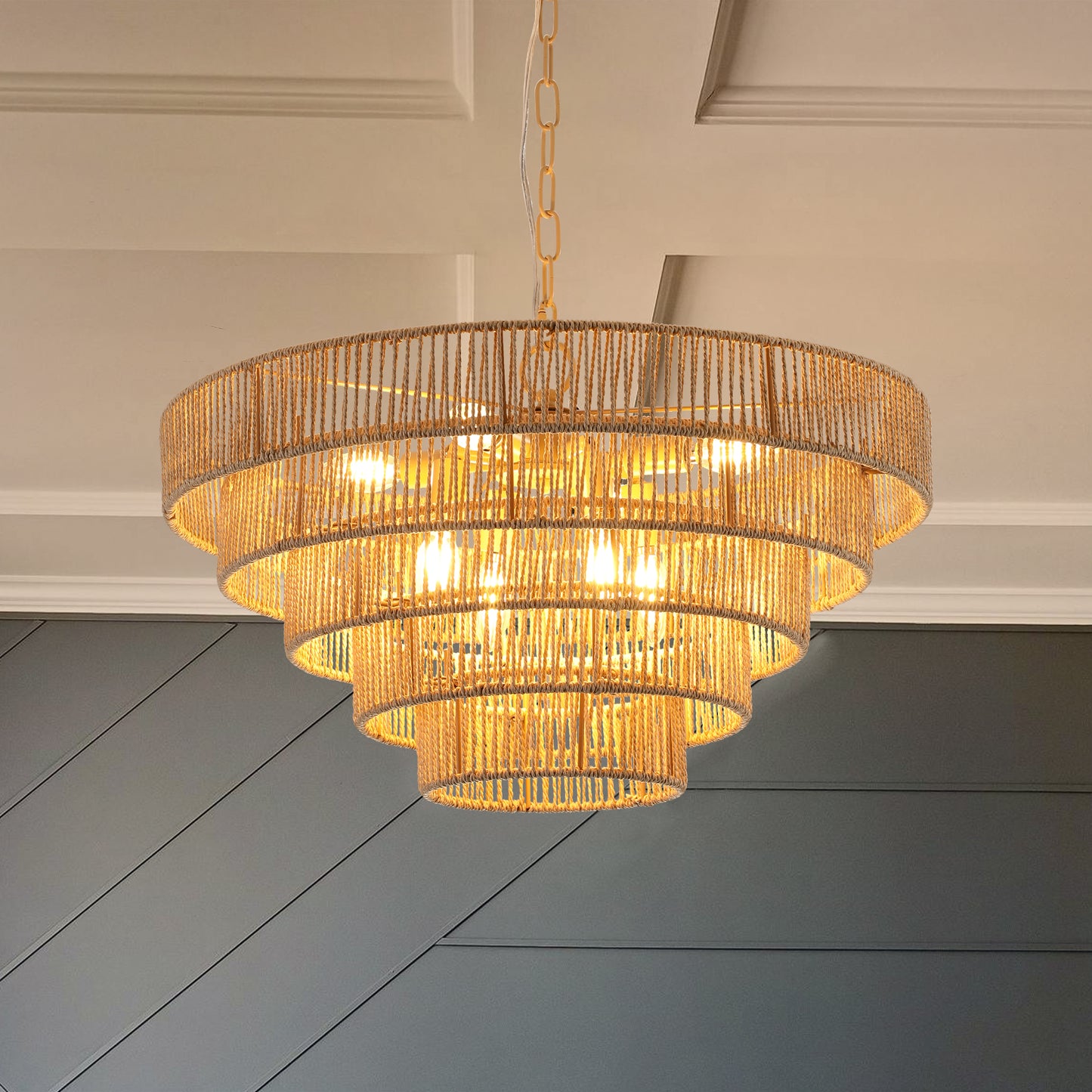 (Same as W1340P155977/L1019-5) Bohemian style Woven Pendant Light 23.6 Inch Rattan Ligh Large Rattan Pendant Light with 5-Tier Rattan Chandelier--Wood