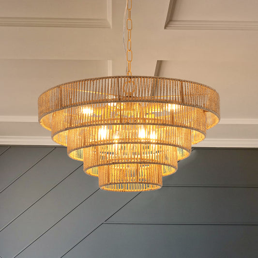 (Same as W1340P155977/L1019-5) Bohemian style Woven Pendant Light 23.6 Inch Rattan Ligh Large Rattan Pendant Light with 5-Tier Rattan Chandelier--Wood