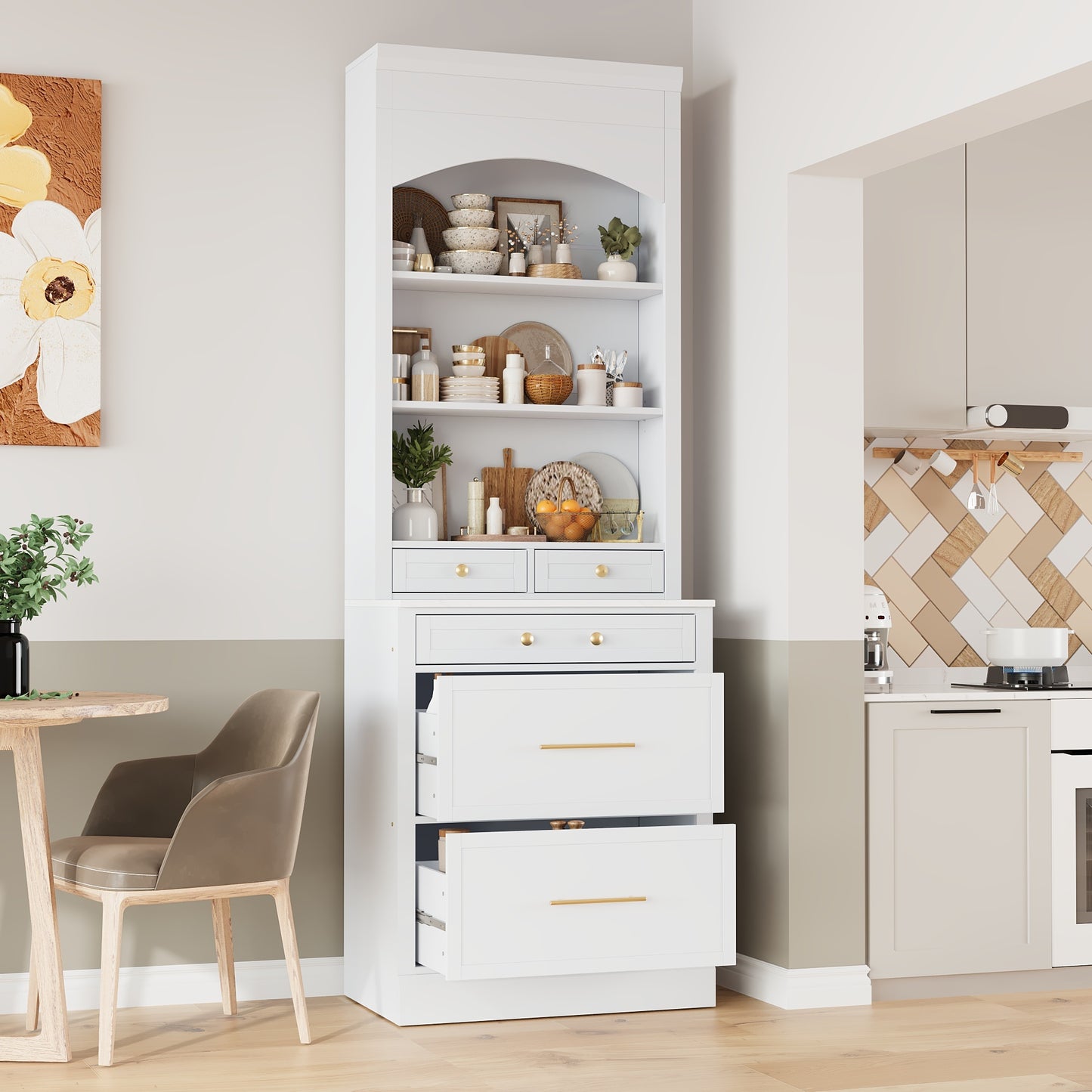 Modern 83.7inch High Kitchen Pantry, Freestanding Tall Kitchen Hutch with Faux Marble Top, Display Cupboard Cabinet with