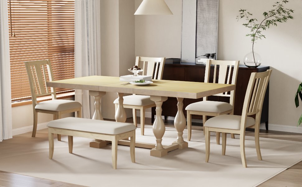 Traditional 6-Piece 78inch Trestle Extendable Dining Table Set with One 18inch Removable Leaf, Padded Dining Chairs and Bench,Natural