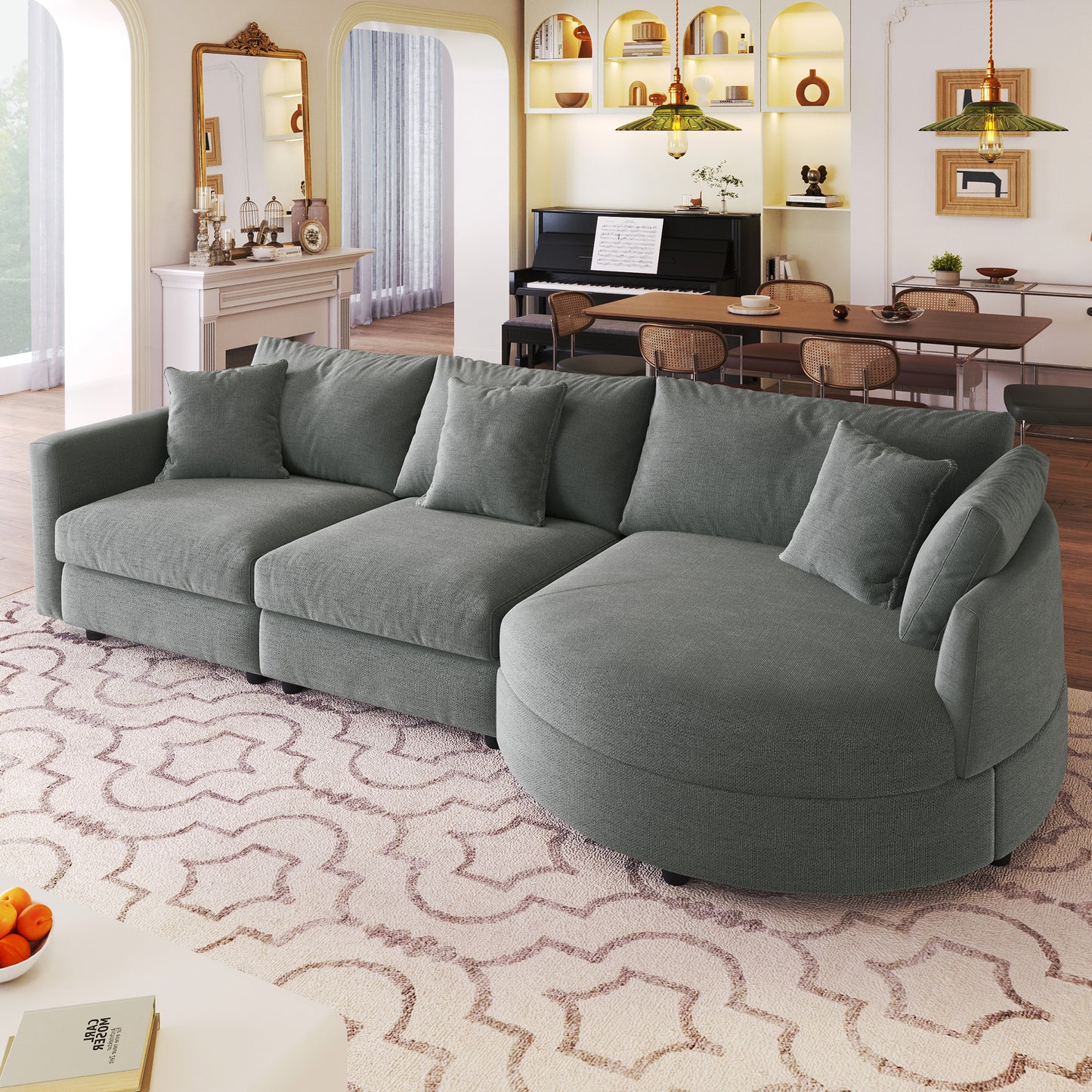 Curved Sectional Sofa with Chaise – 105" 3 Piece Chenille Fabric Couch with Throw Pillows, Modern Living Room Sofa for Home & Apartment