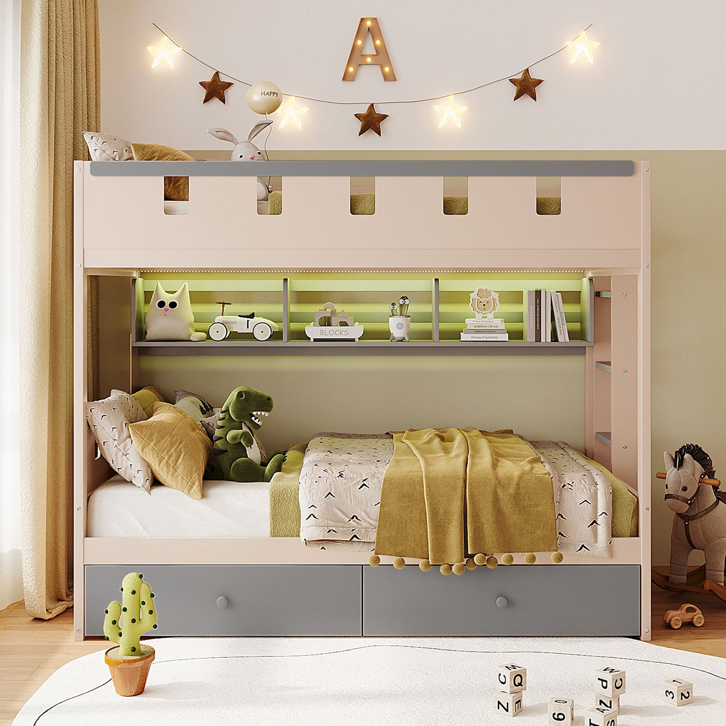 Twin Size Castle Style Bunk Bed with 2 Drawers, Shelf, and LED