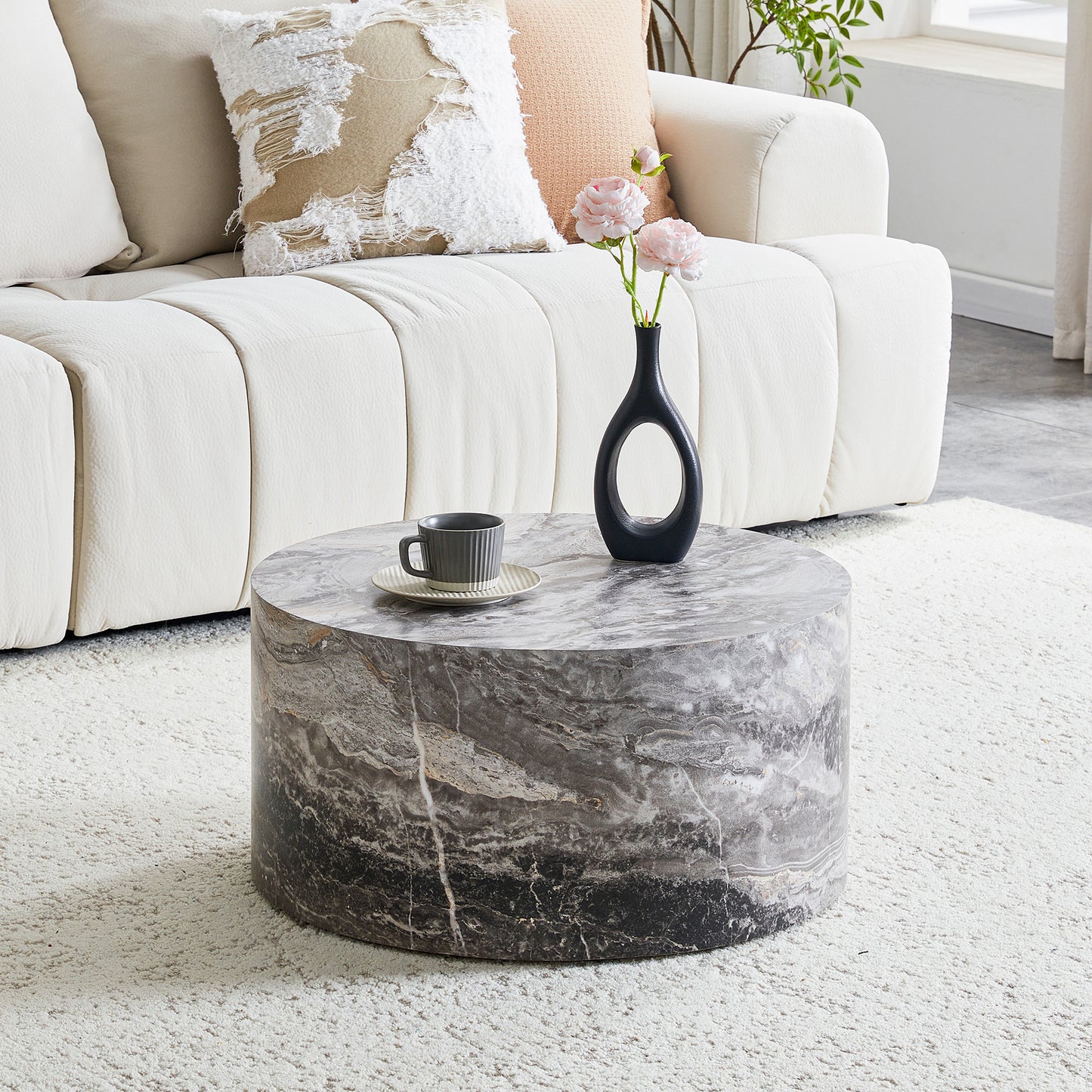 Round MDF Coffee Table – 23.6" Modern Minimalist Accent Table, Low Profile Living Room Table