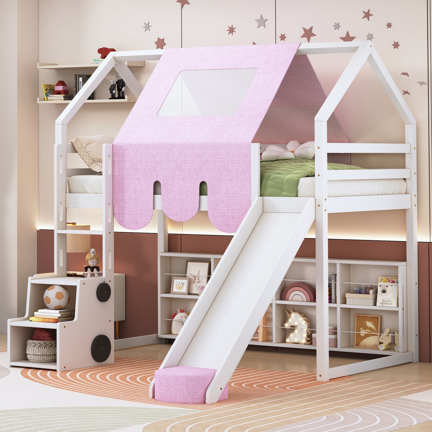 Twin size Wooden Loft Bed House-shaped Frame with a Tent