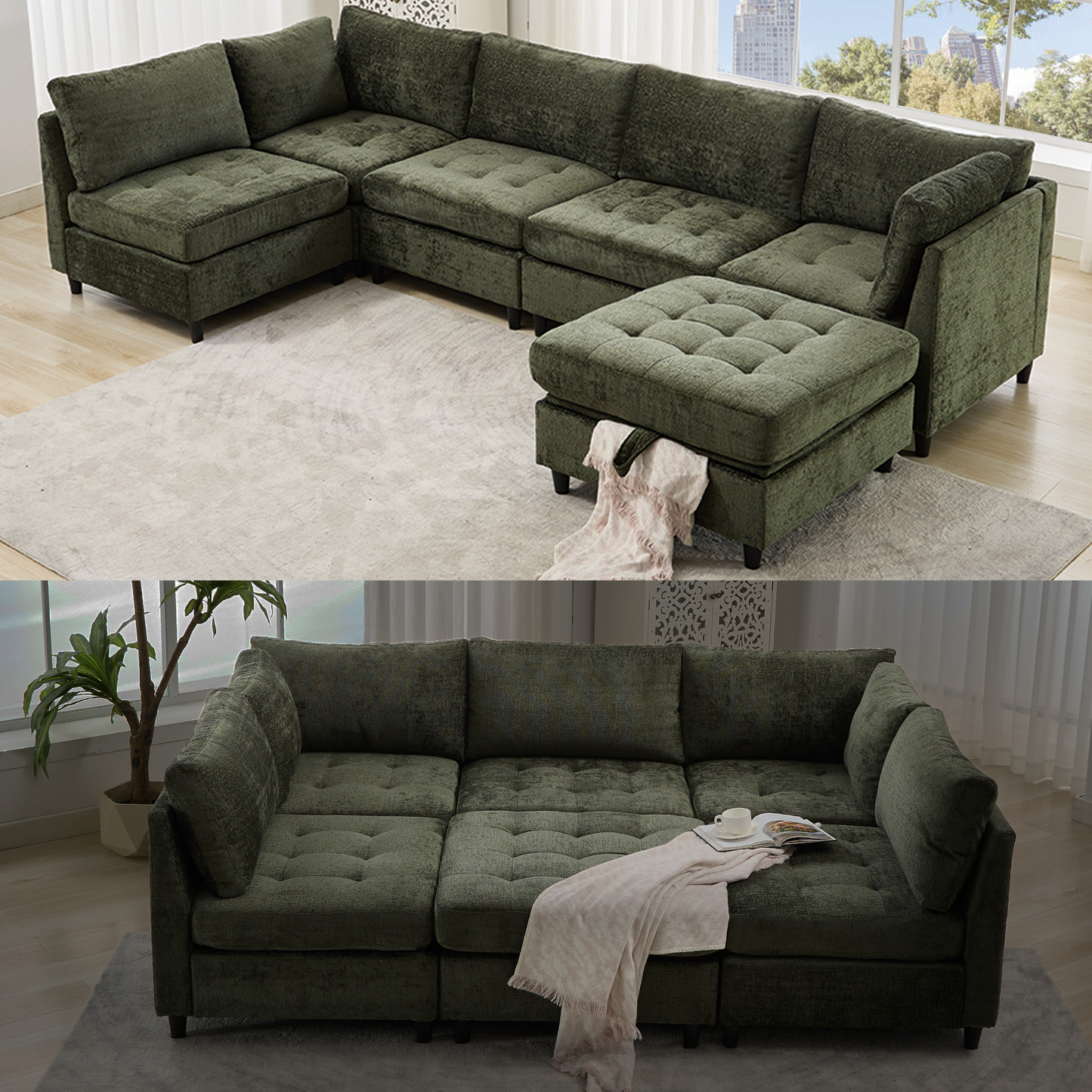 Modular Sectional Couch with Storage Ottoman, U Shaped Sofa, Storage Ottoman,Minimalist ,Convertible Modular Sofa,Chenille ,Upholstered,6 Seat,Living Room,   Green