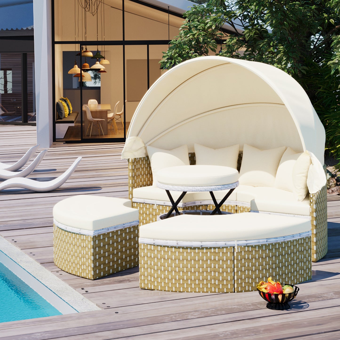 Patio Furniture Round Outdoor Sectional Sofa Set Rattan Daybed Two-Tone Weave Sunbed with Retractable Canopy, Separate S