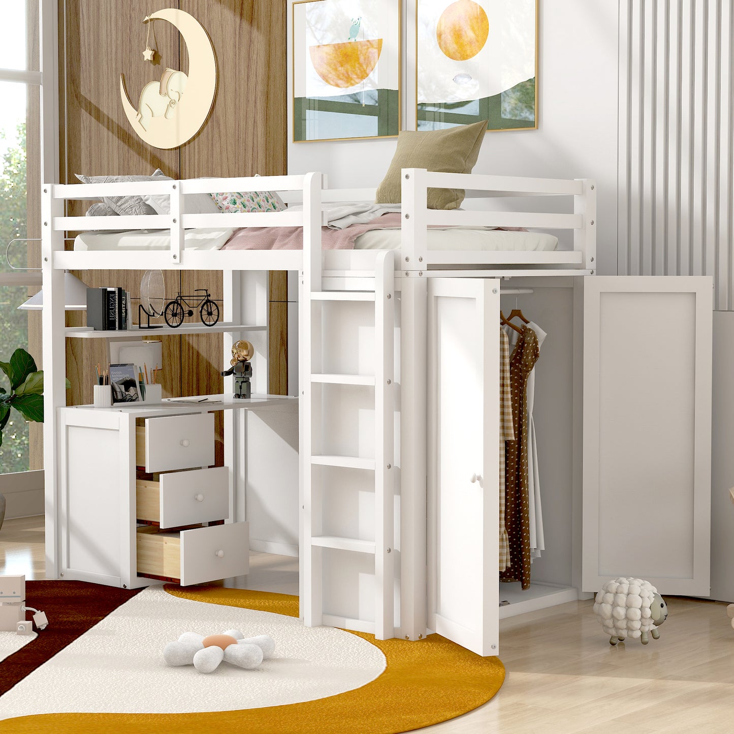 Twin Size Loft Bed with Drawers, Desk, and Wardrobe