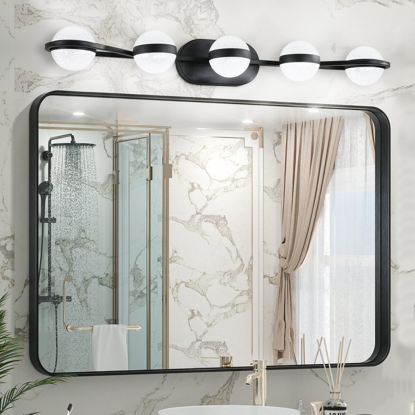 35' Modern Minimalist Bathroom Vanity Light, LED 5 Bulb Crystal Sand Acrylic Shades, Wall