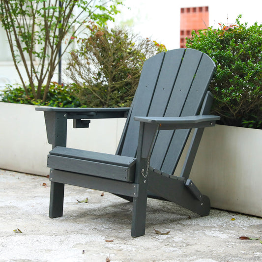 Folding HDPE Adirondack Chair with Wood-Grain Texture, Gray