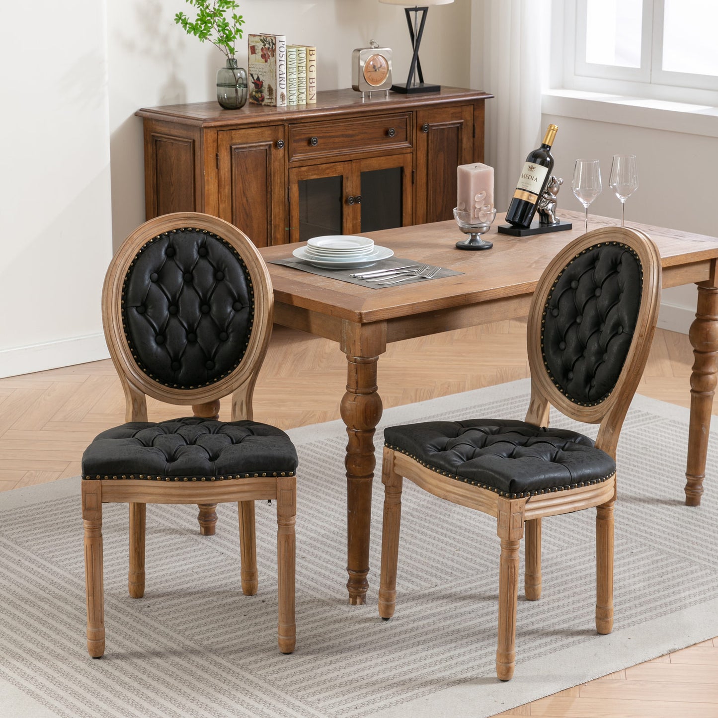 French Style Solid Wood Frame PU Leather Dining Chair with Nailhead Trim, Set of 2