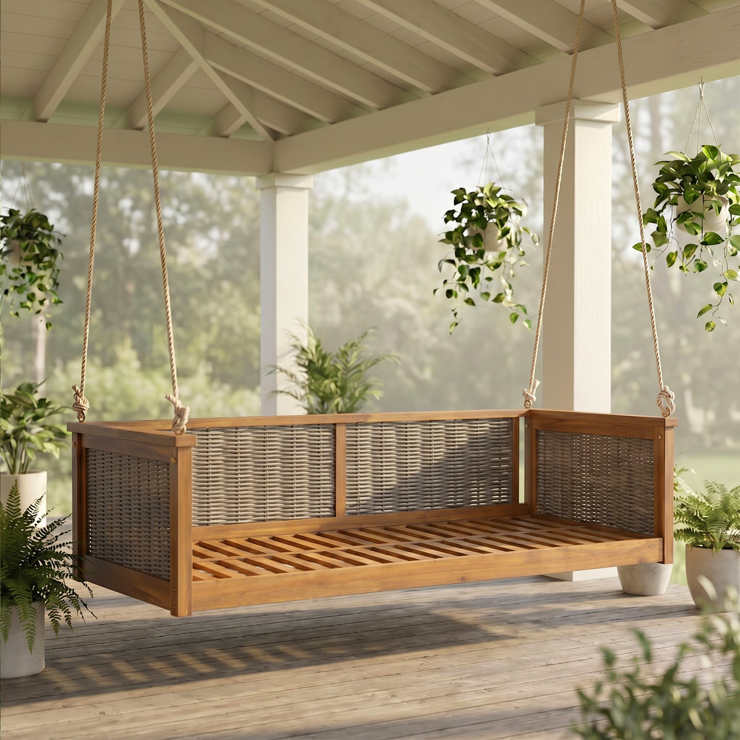 Outdoor Classic Solid Wood Twin Size Swing Bed, Garden Porch Rattan Swing Frame with Long Ropes