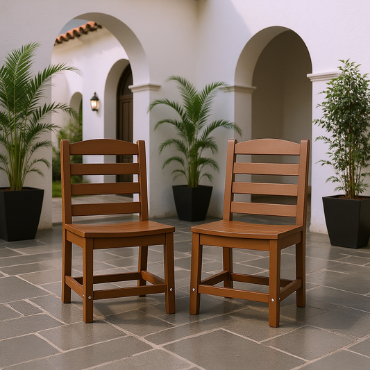 Set of 2 Brown HDPE Armless Outdoor Dining Chairs with Modern Slat Back