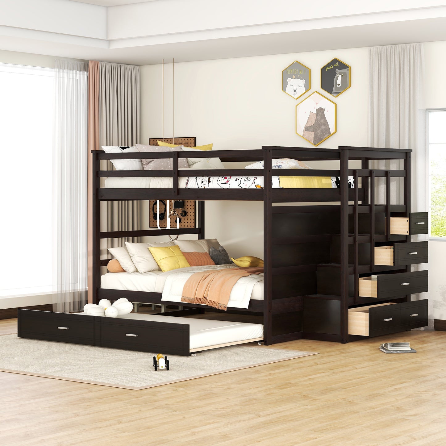 Full Over Full Bunk Bed with Twin Size Trundle and Staircase