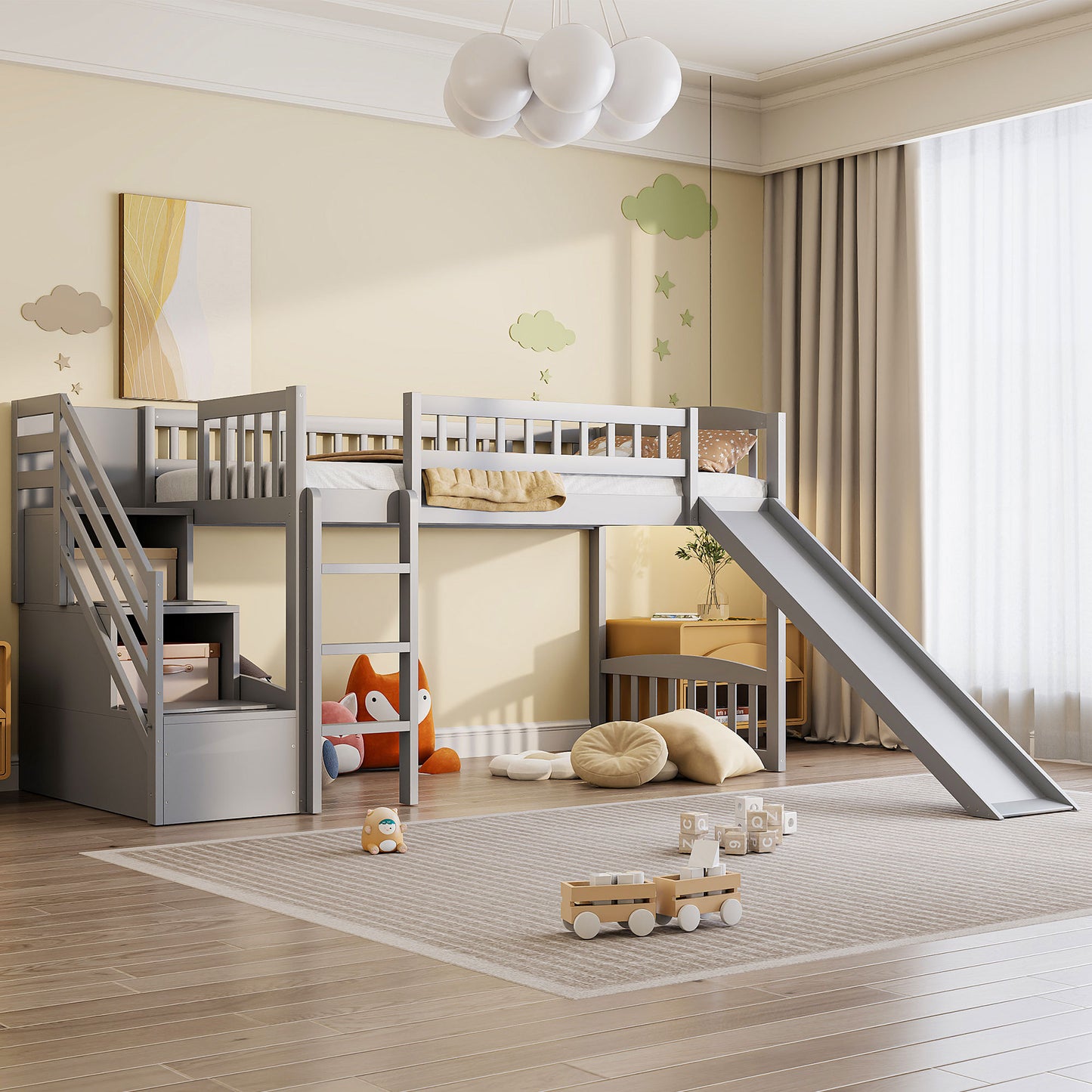 Stairway Twin Size Loft Bed with Two Drawers and Slide