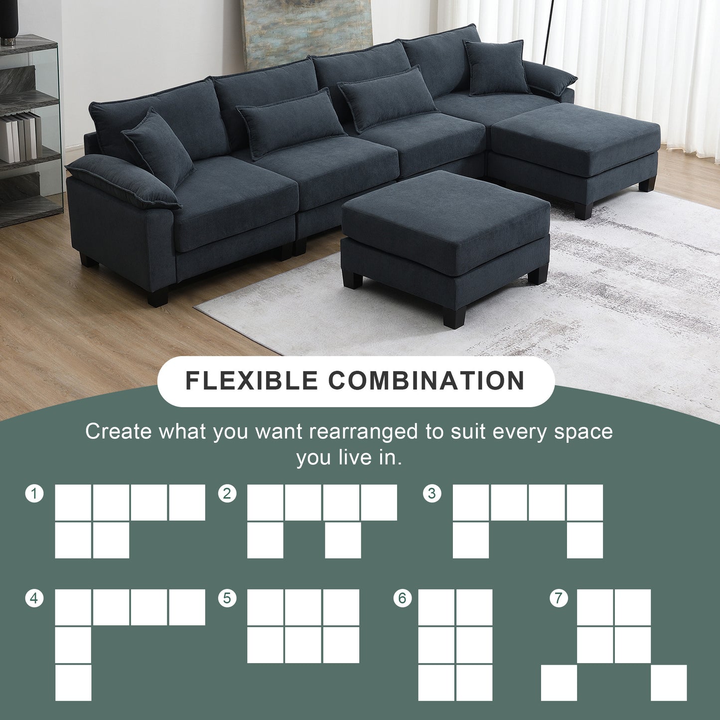133*65" Corduroy Modular Sectional Sofa,U Shaped Couch with Armrest Bags,6 Seat Freely Combinable Sofa Bed,Comfortable and Spacious Indoor Furniture for Living Room, 2 Colors