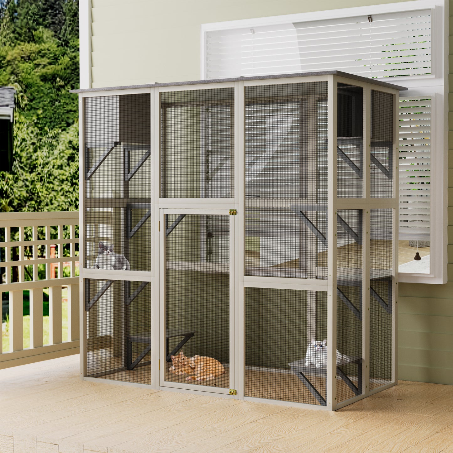 Gray Wooden Outdoor Catio Cat Enclosure – Weatherproof Cat House with Asphalt Roof, 6 Platforms, 2 Napping Boxes & Walk-In Playpen for Patio and Backyard