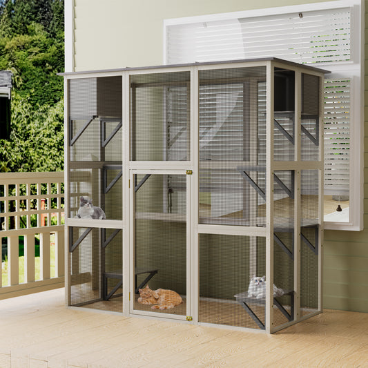 Gray Wooden Outdoor Catio Cat Enclosure – Weatherproof Cat House with Asphalt Roof, 6 Platforms, 2 Napping Boxes & Walk-In Playpen for Patio and Backyard