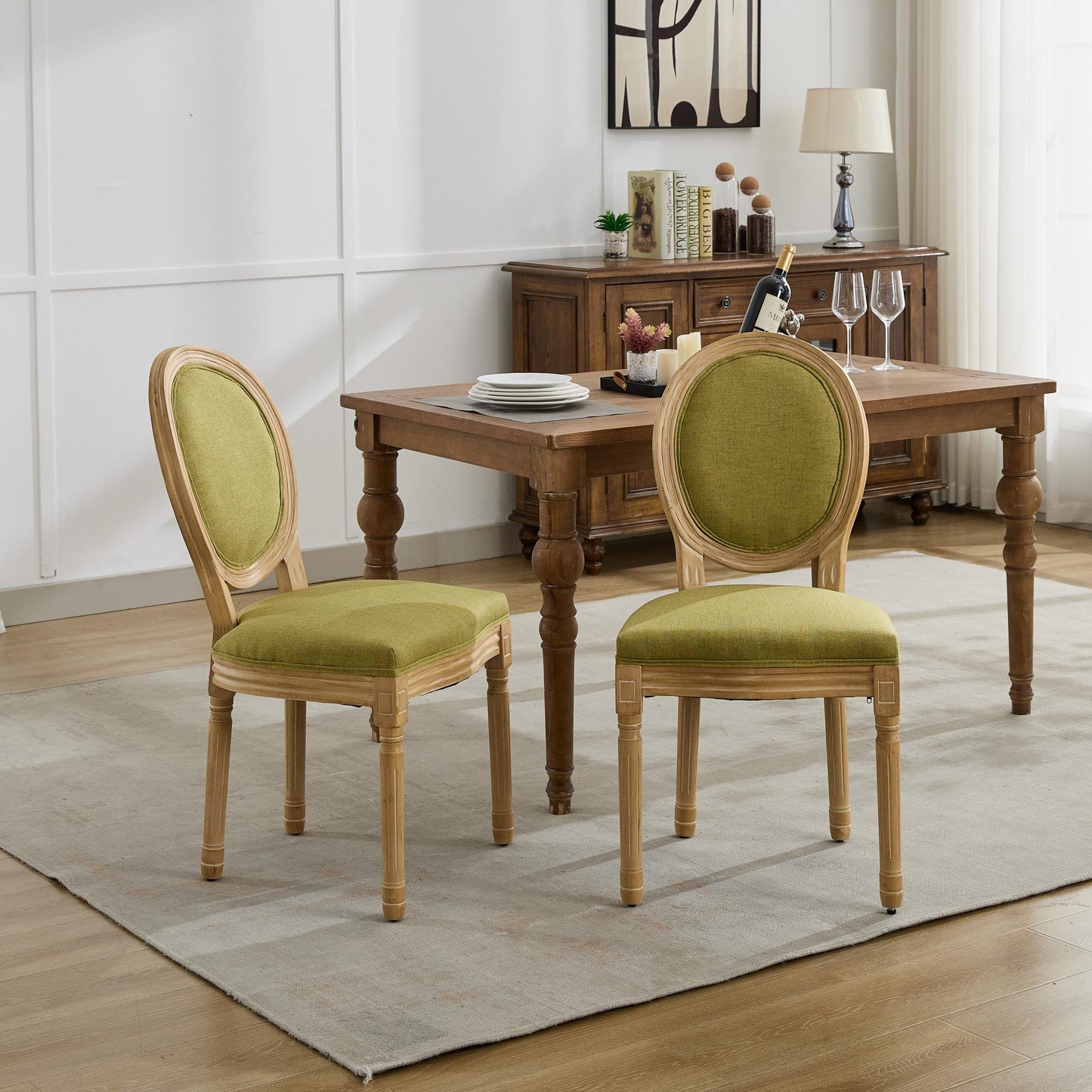 French Style Solid Wood Frame Antique Painting Linen Fabric Back Dining Chair, Set of 2,