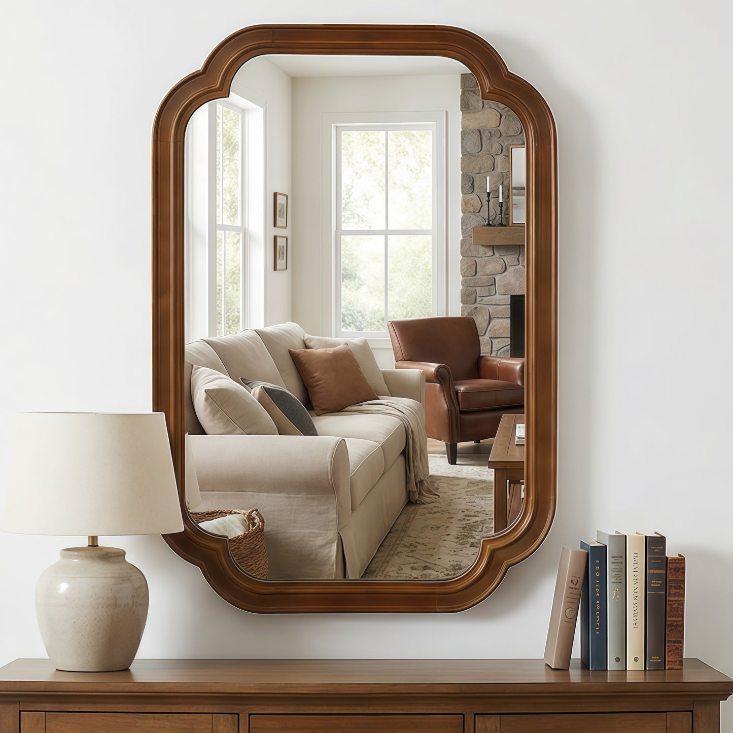 Solid Wood Frame Rounded Corner Decorative Mirror, For Bedroom, Bathroom, Living Room, Entryway