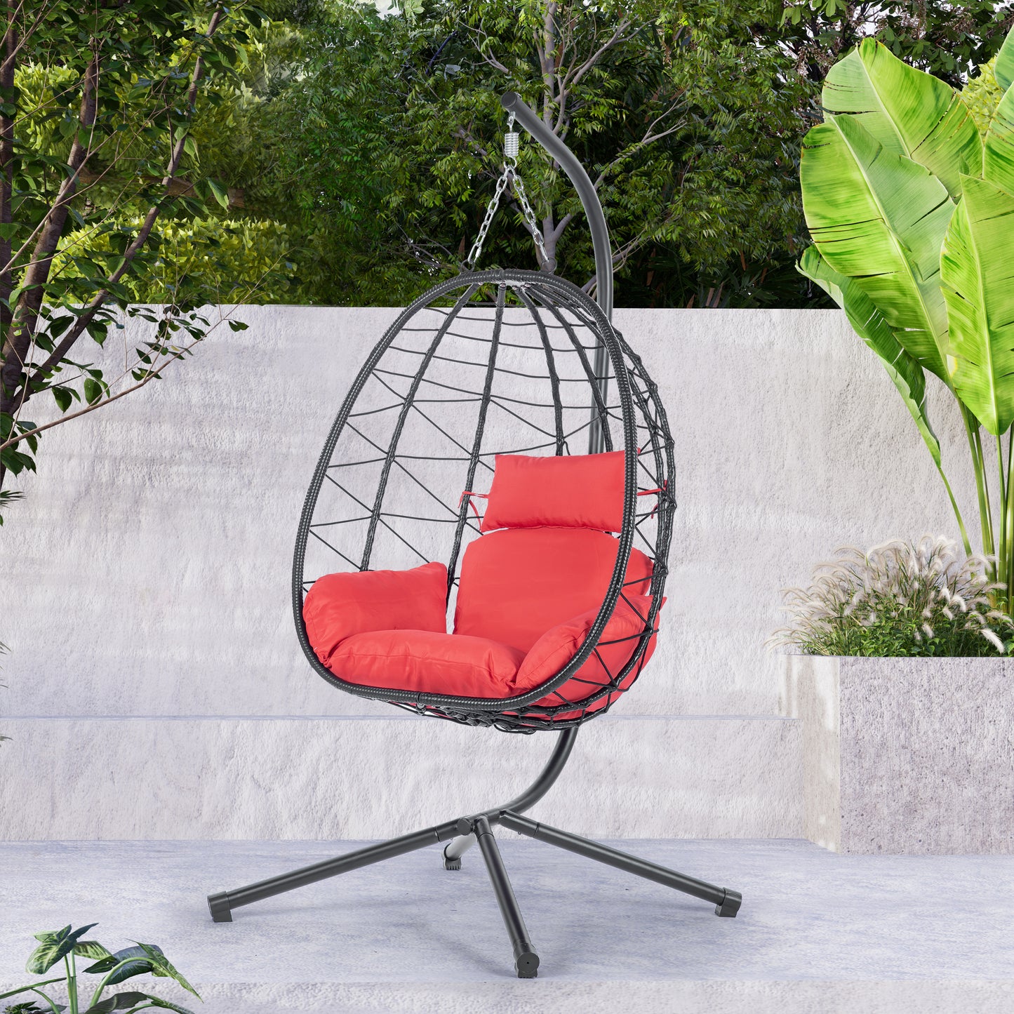 Egg Chair with Stand – Indoor Outdoor Wicker Hanging Basket Swing Chair with Cushion, Freestanding Patio Egg Chair, Steel Frame