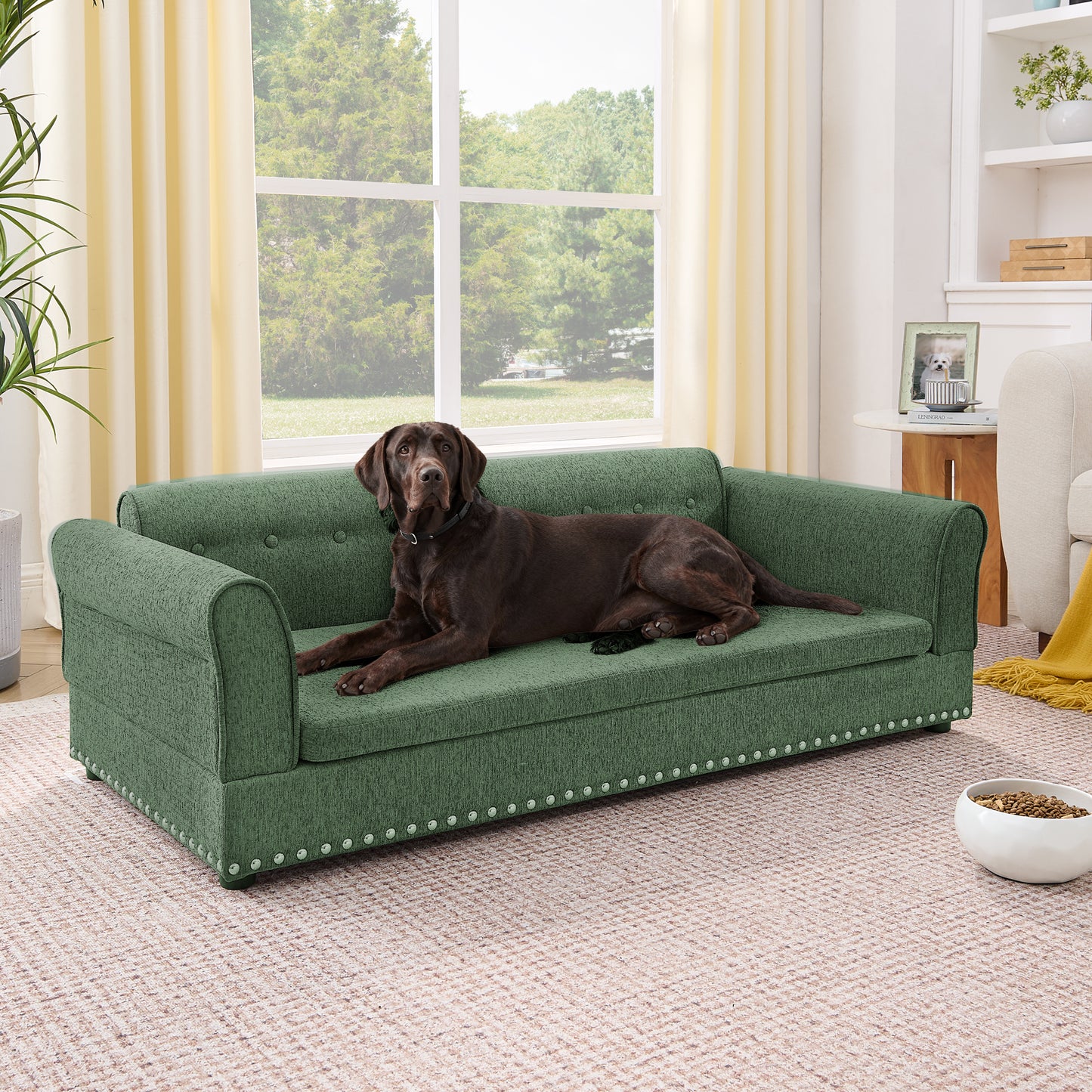 Elegant Modern Linen Fabric Elevated Dog Sofa Bed with Backrest & Armrest for Large Dogs