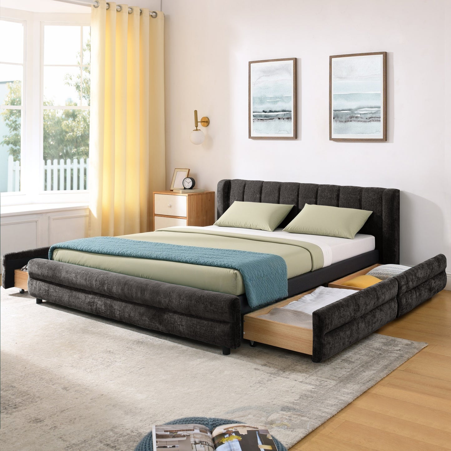 Queen Size Upholstered Bed Frame with Thick Fabric, Chenille Fabric, Headboard and Solid Bed Frame