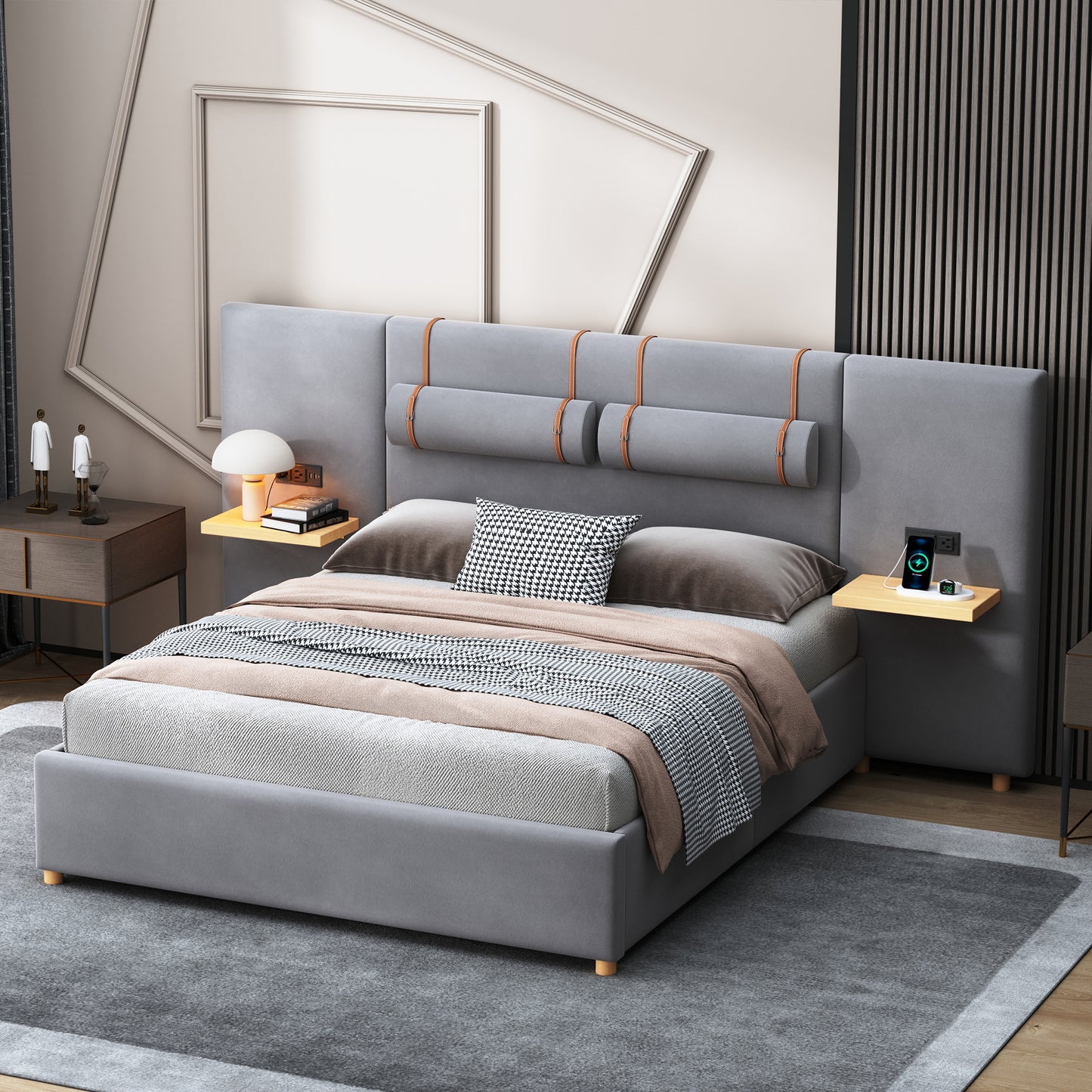 Upholstered Platform Bed with Outlets, USB Ports, Pillows and Storage Shelves