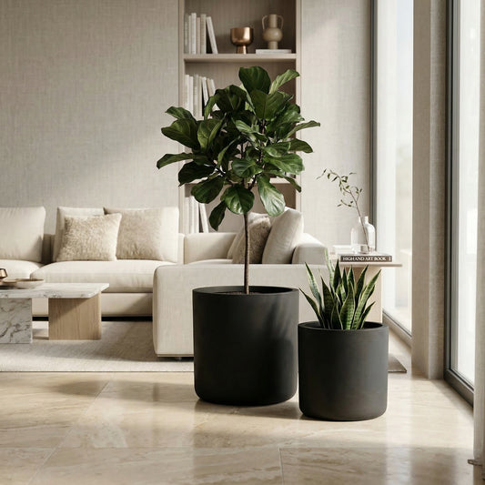 Handmade Black Concrete Round Planter Set of 2 with Drainage Holes, Modern Rustic Magnesium Oxide Flower Pots for Indoor Outdoor Garden & Patio Decor