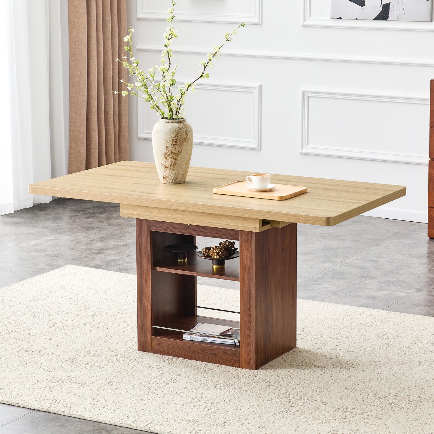 Expandable Dining Table with Storage – 59"–71" Rectangular Kitchen Table, Walnut Finish Multifunction Dining Table