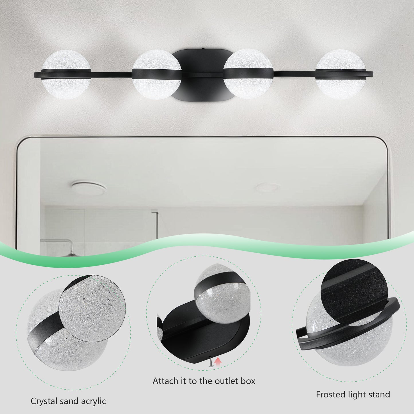 (Same as W1340P143677/L2001-B-4) Modern Minimalist Bathroom Vanity Light, LED 4 Bulb Frosted Glass Shades, Wall Mounted Decorative Lighting Fixture, Suitable for Bathroom Vanity Mirror (Black)