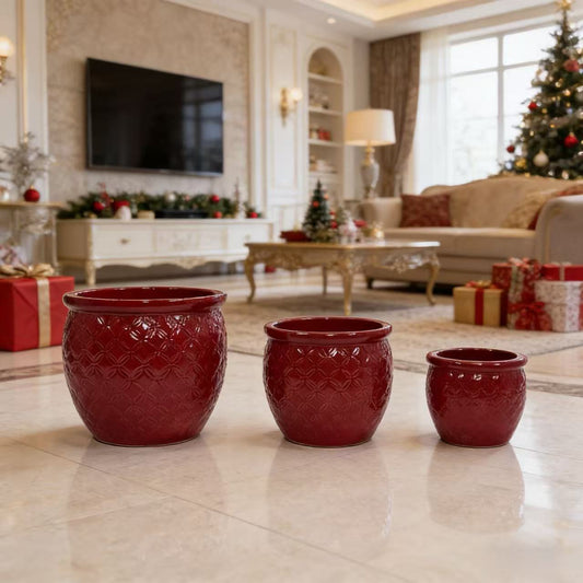 Handmade Deep Red Ceramic Planter Set of 3 with Floral Embossed Pattern, Breathable Clay Flower Pots for Orchids, Succulents & Indoor Outdoor Decor