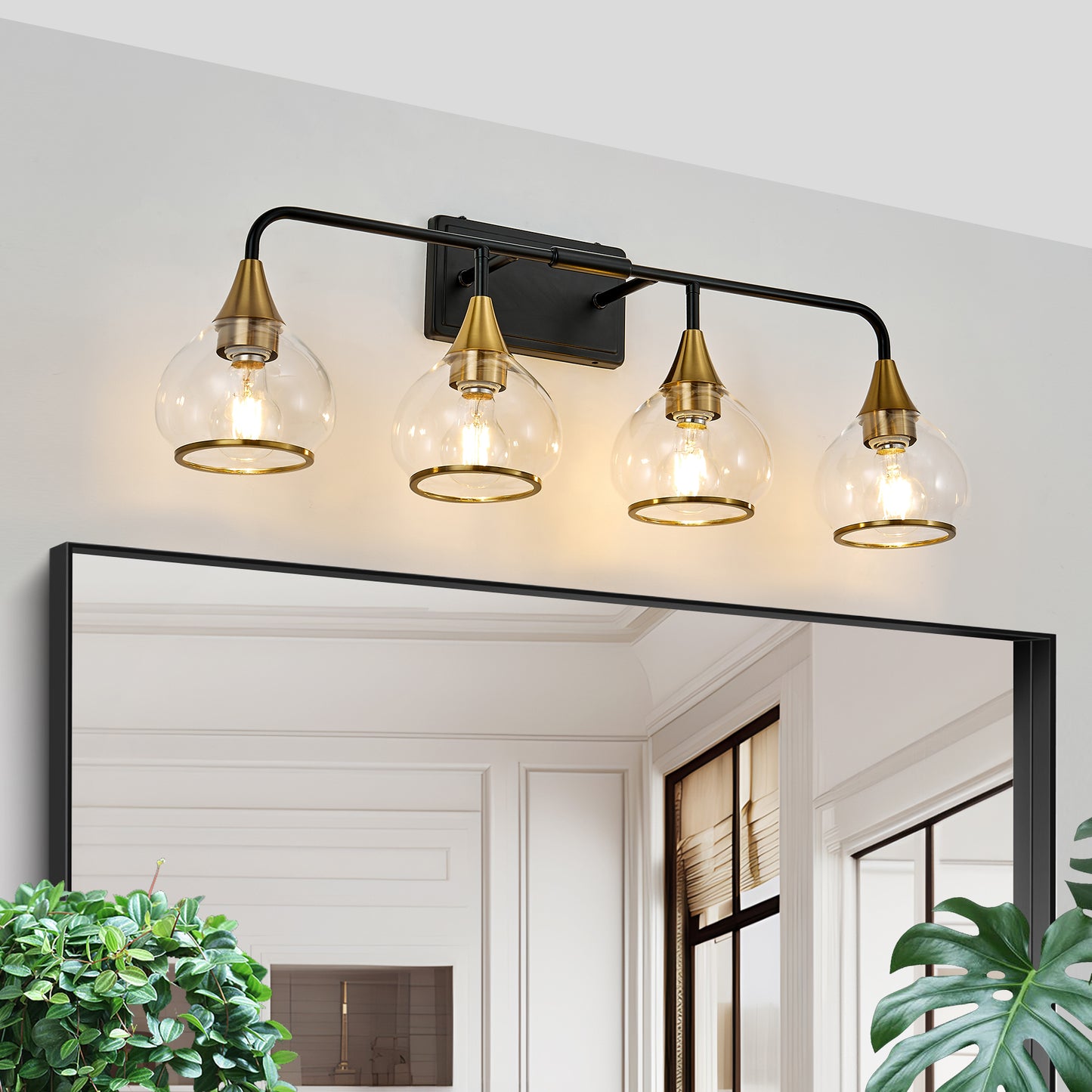 Modern Vanity Wall Sconce - Black and Gold Bathroom Light Fixture with Clear Glass Shades,