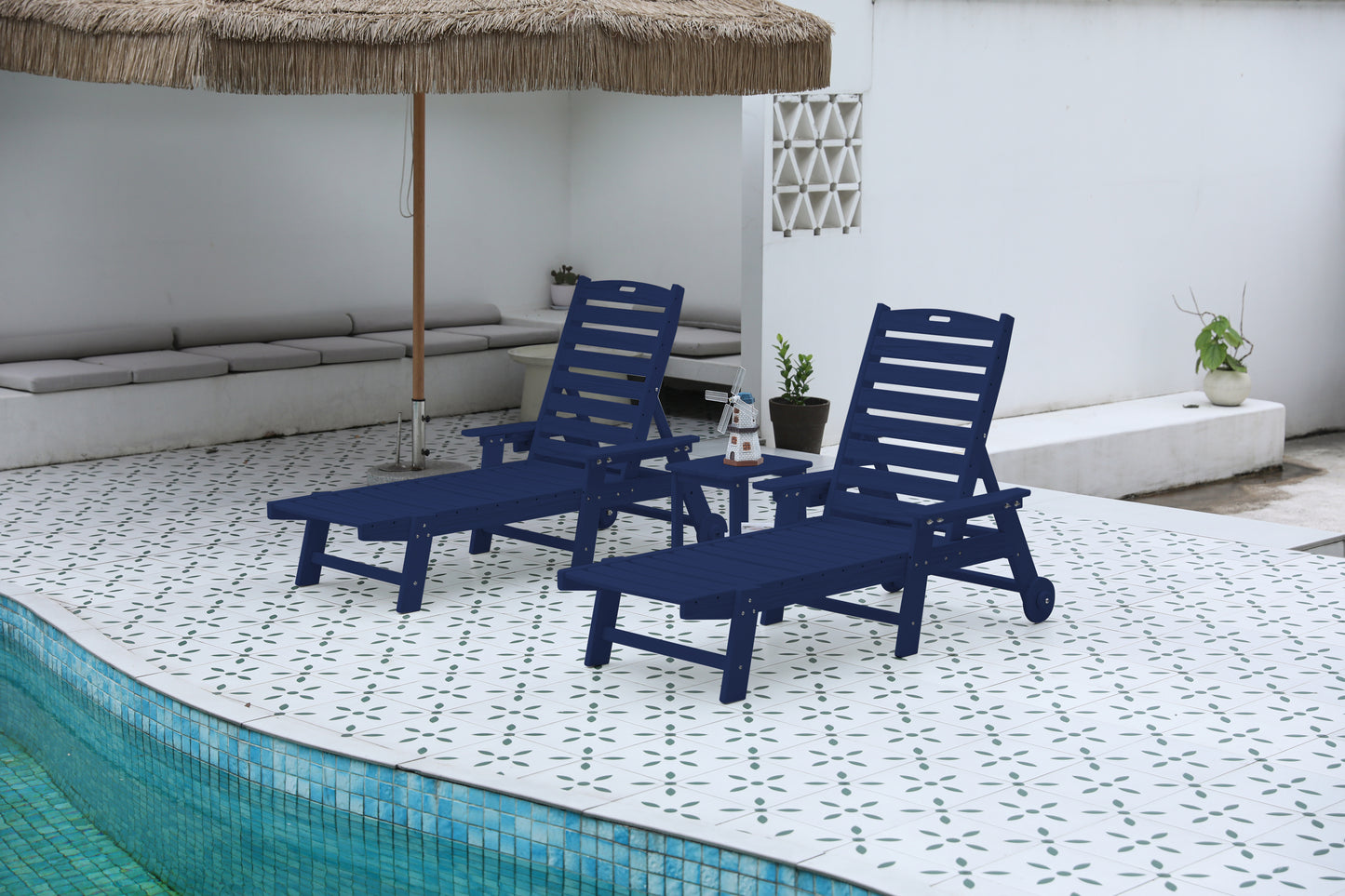 3-Piece Oversized Chaise Lounge Chair Set with Wood Texture, All Weather Patio Lounge Chair