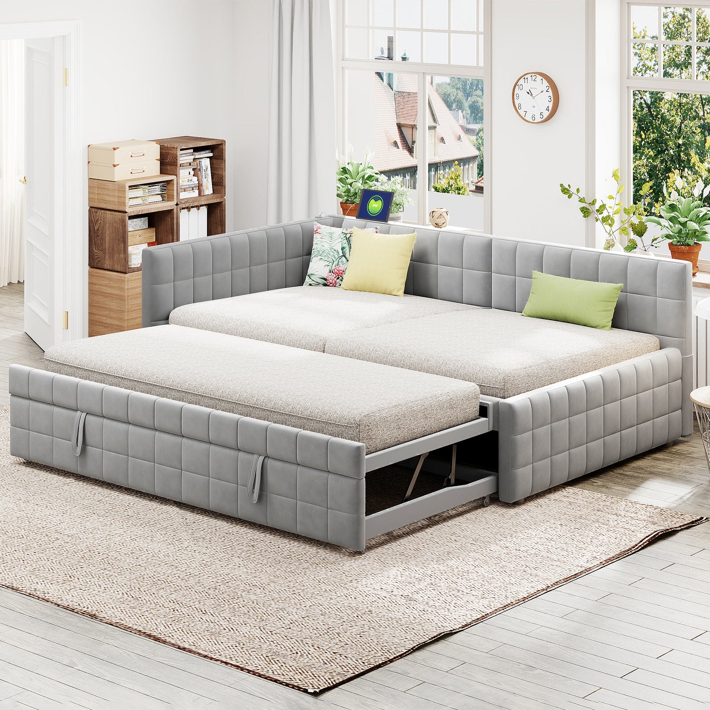 Full Size Upholstered L-Shaped Daybed with Twin Size Pop Up Trundle and USB Ports