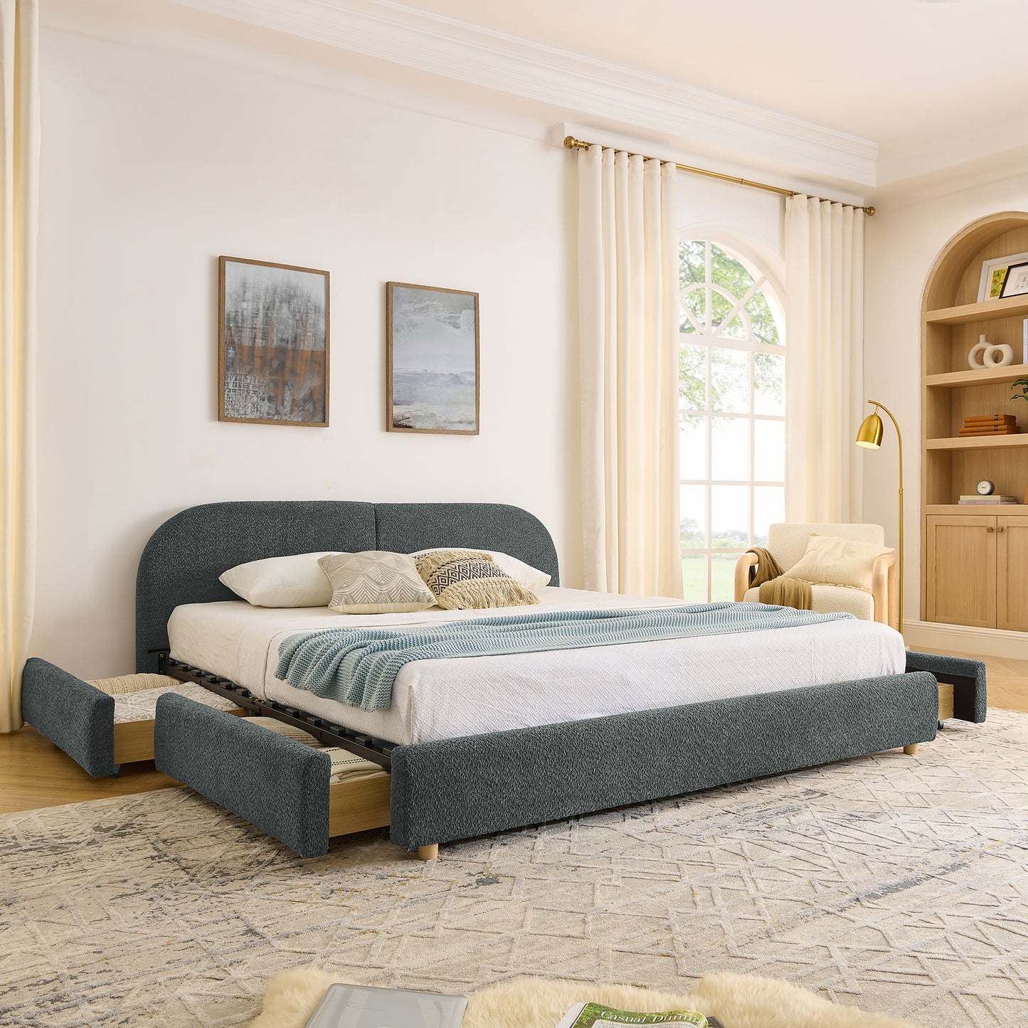 Upholstered Bed Frame Modern Minimalist Style - Circle Yarn Fabric, Tall Curved Headboard, Sturdy Leg Support & Wheeled Drawer Storage, Mattress Not Included