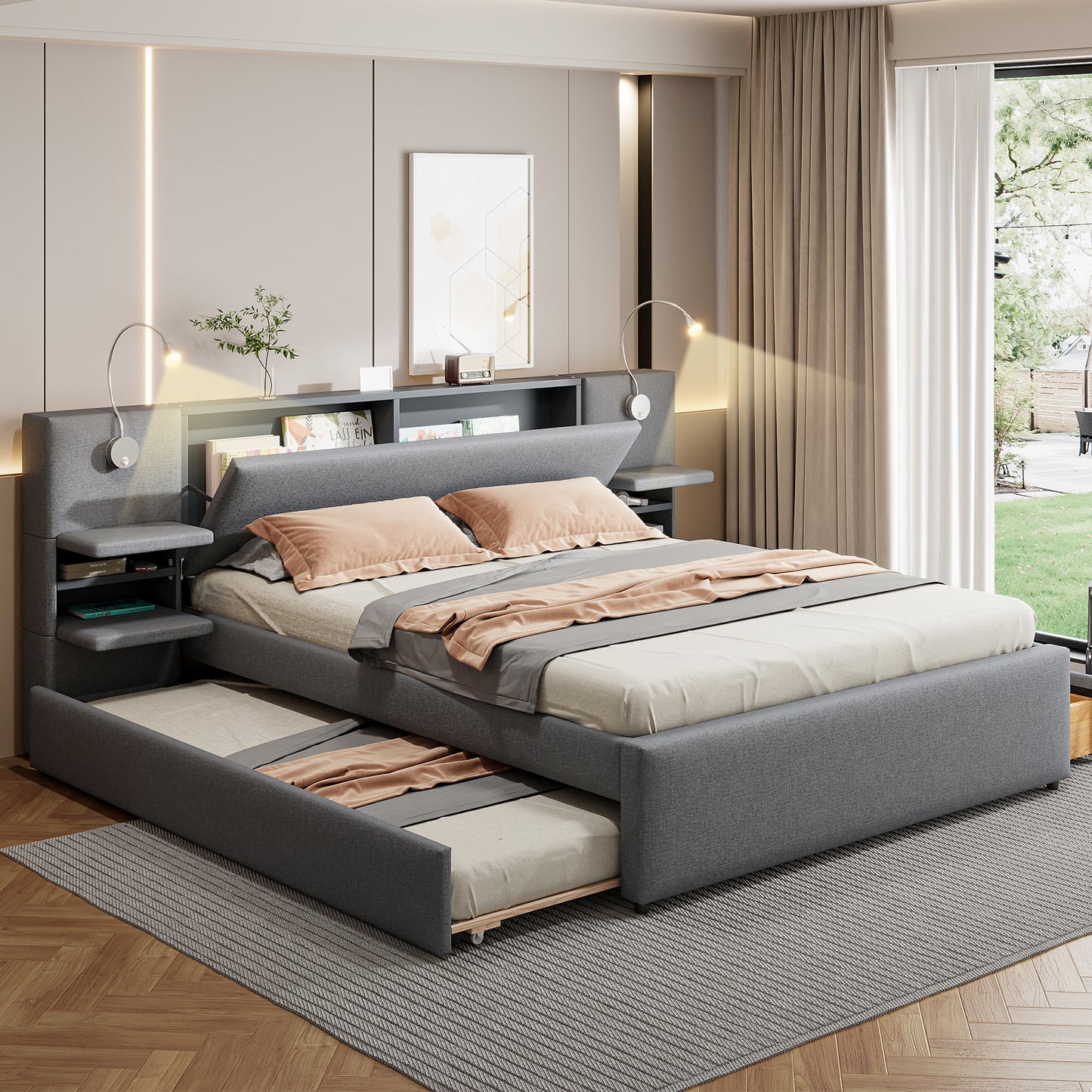 Queen Size Upholstered Platform Bed with Reading Lights, Drawers, Trundle and Shelves