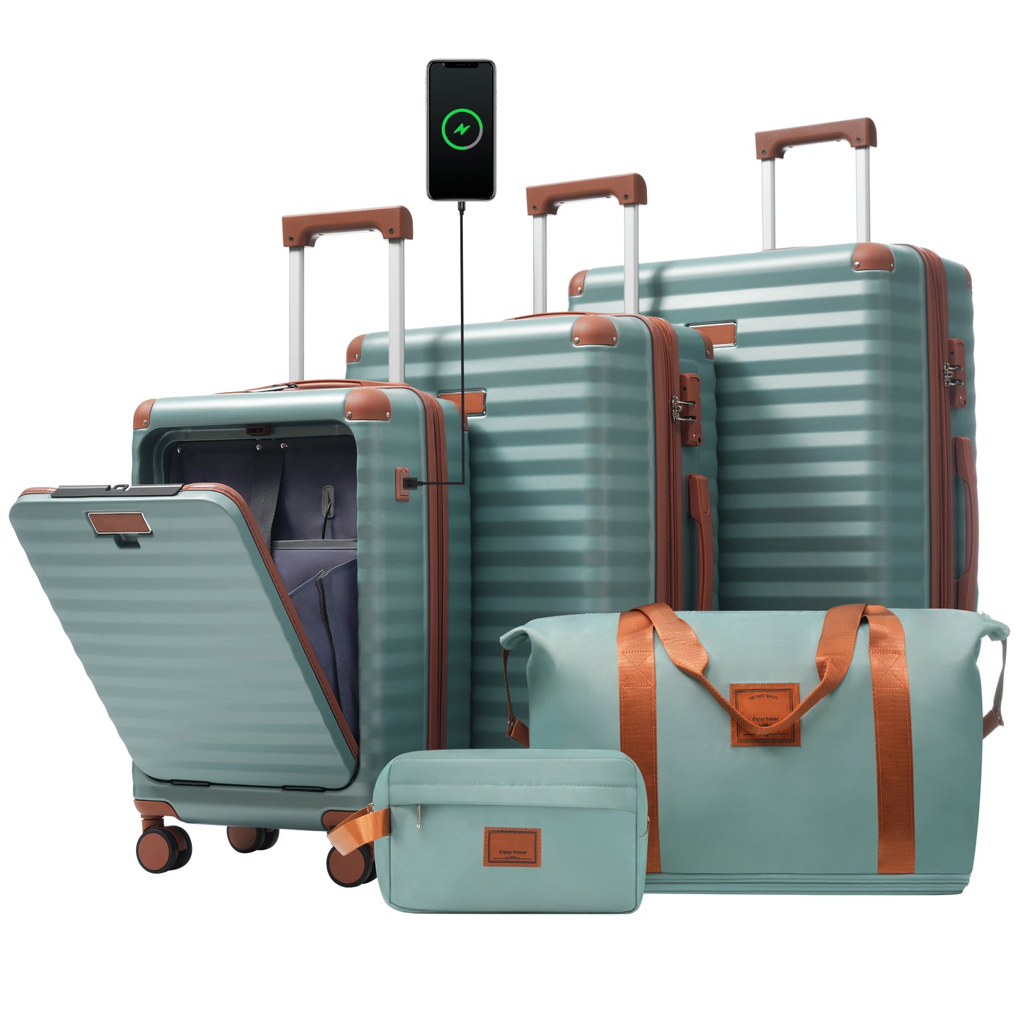 Luggage Sets 5 Piece with Front Opening , Hardside Expandable Carry on Suitcase with Spinner Wheels TSA Lock USB Port  C