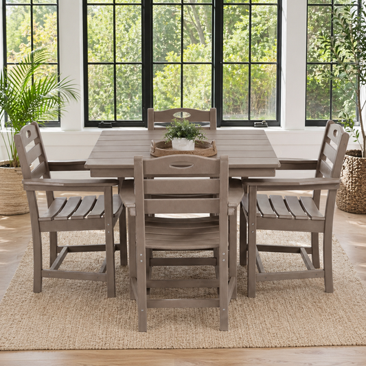 Weathered Wood HDPE 5-Piece Patio Dining Set with Square Table and 4 Armchairs